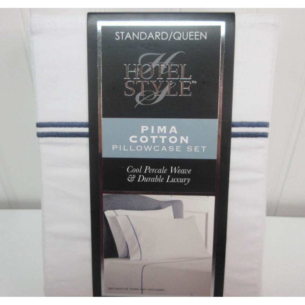 Hotel Style 300TC Pima Cotton White Pillowcase Blue Hem Set 2 Std Queen 21"x32"